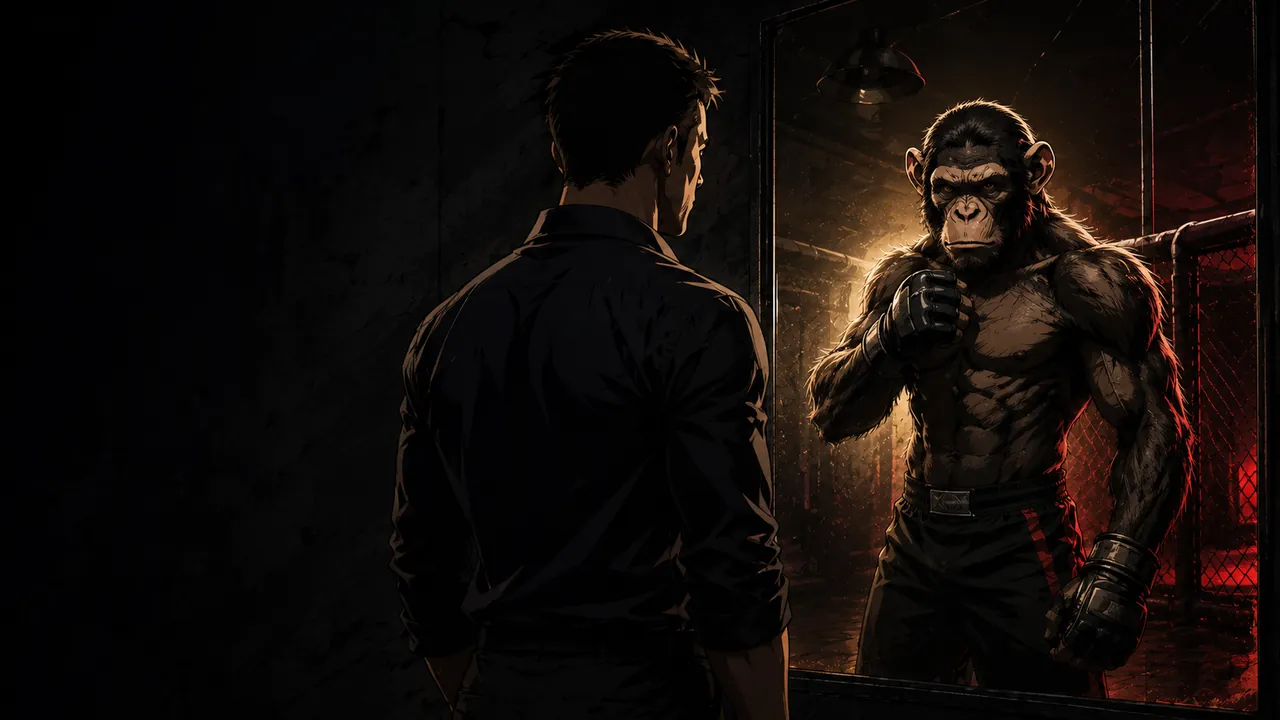 A man faces his reflection — an ape fighter — in the gym mirror